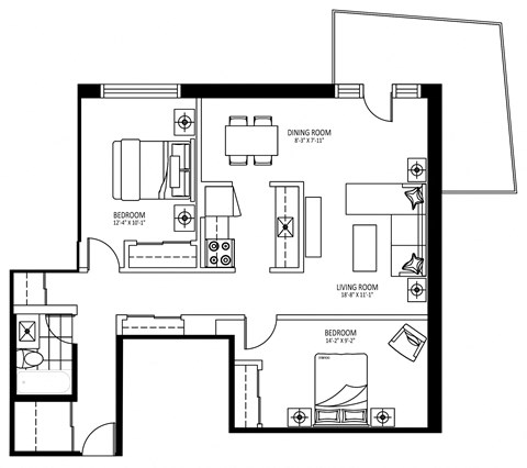 Floor plan for 2 beds, 1 bath, 855 sqft